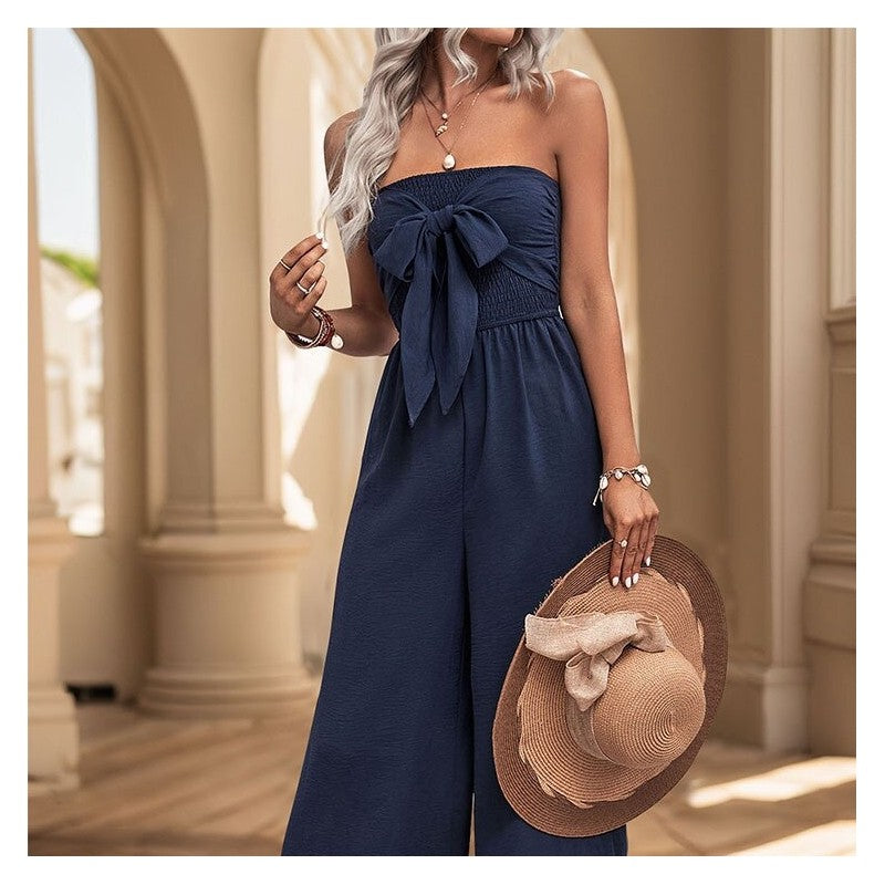 Strapless Jumpsuit with Butterfly Bow Detail in Solid Color
