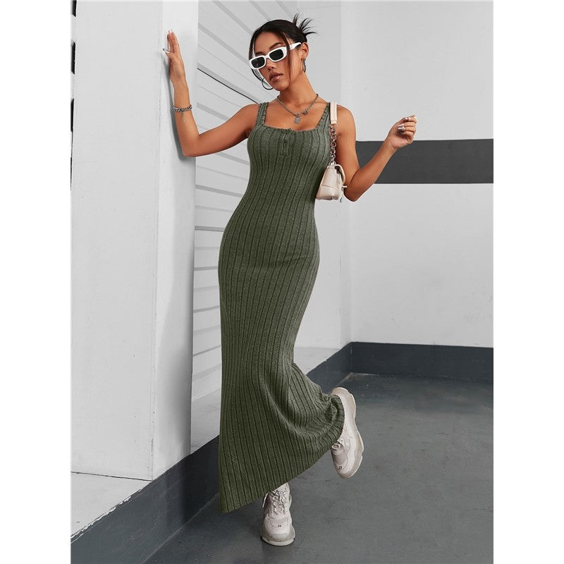 Solid Color Sleeveless Square Neck Knitted Maxi Dress