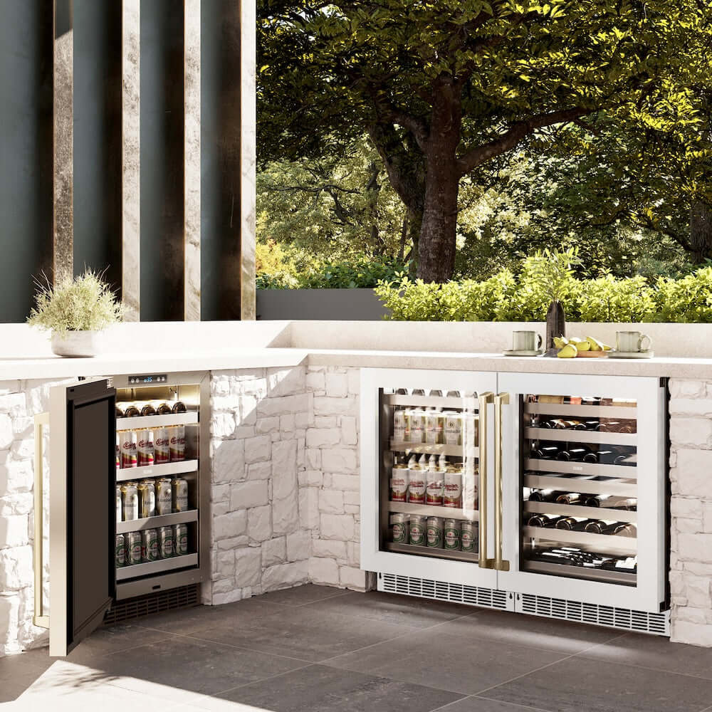 ZLINE 24" Touchstone 151 Can Beverage Fridge White Matte Glass Door Polished Gold Handle RBSOZ-WM-24-G