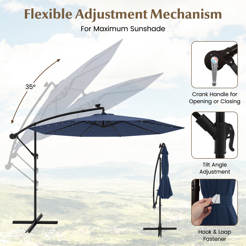 10 Feet Solar LED Offset Umbrella with 40 Lights and Cross Base for Patio-Blue