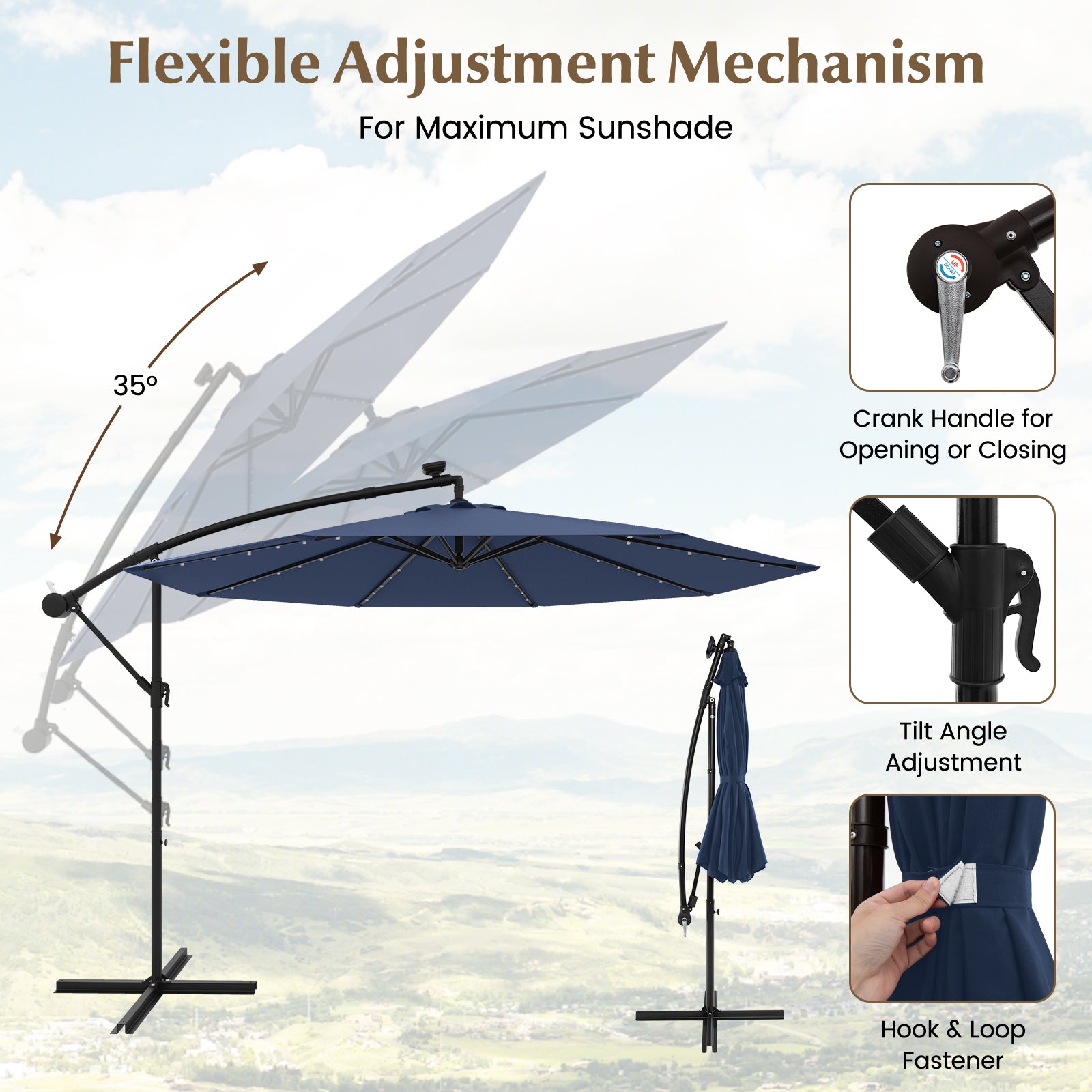 10 Feet Solar LED Offset Umbrella with 40 Lights and Cross Base for Patio-Blue