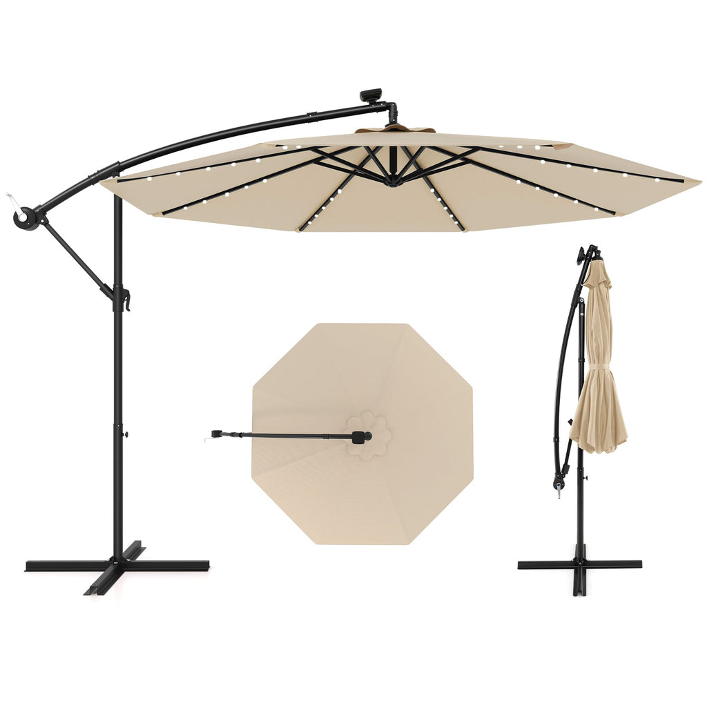 10 Feet Solar Offset Hanging Umbrella with 40 Lamp Beads and Solar Panel-Beige