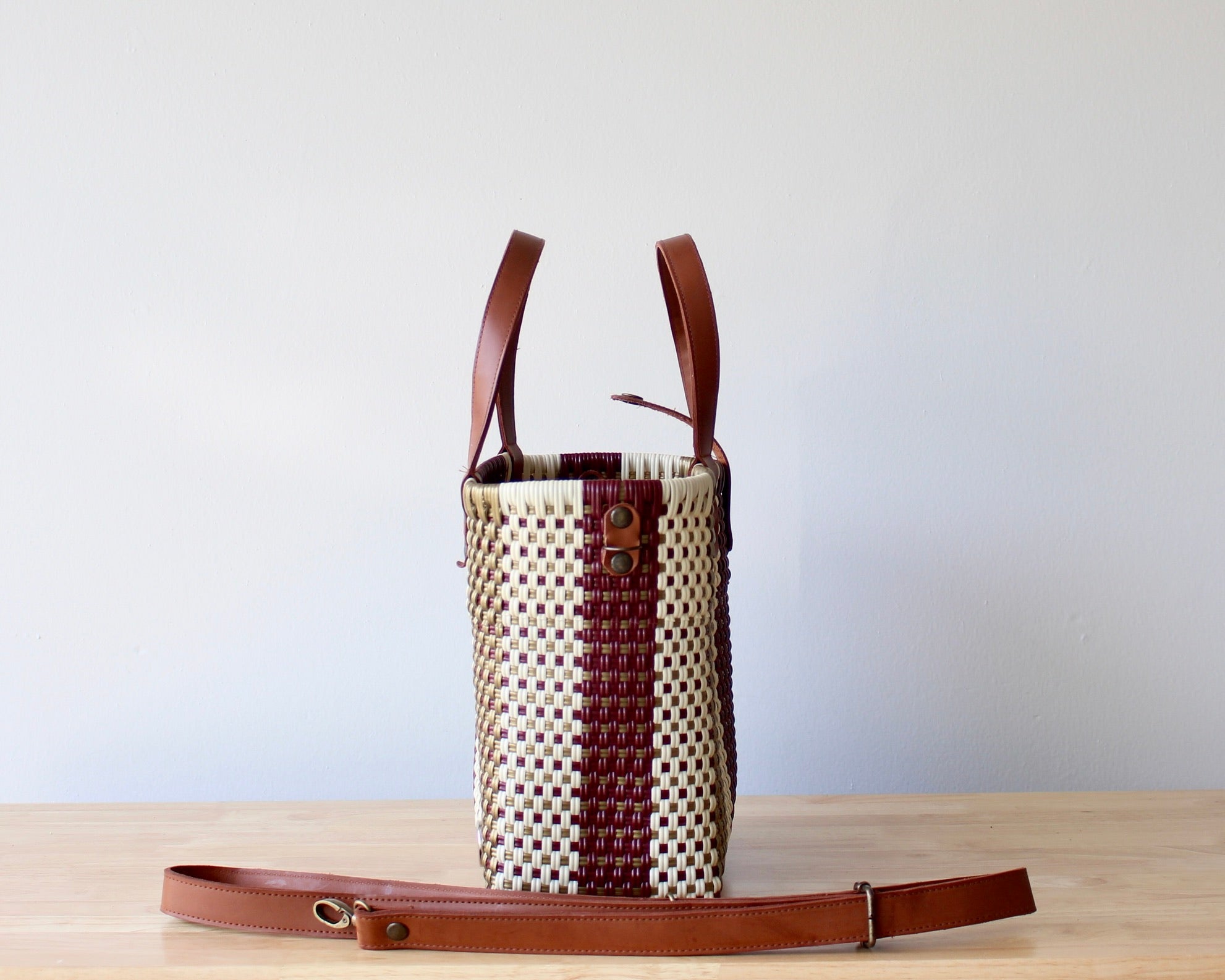 Vida Purse – Maroon, Gold & Beige Handwoven Purse with Leather Handles