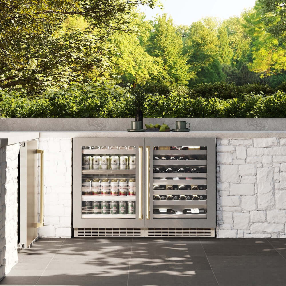 ZLINE 24" Touchstone 151 Can Beverage Fridge DuraSnow® Stainless Steel Glass Door And Champagne Bronze Handle RBSOZ-SN-24-CB