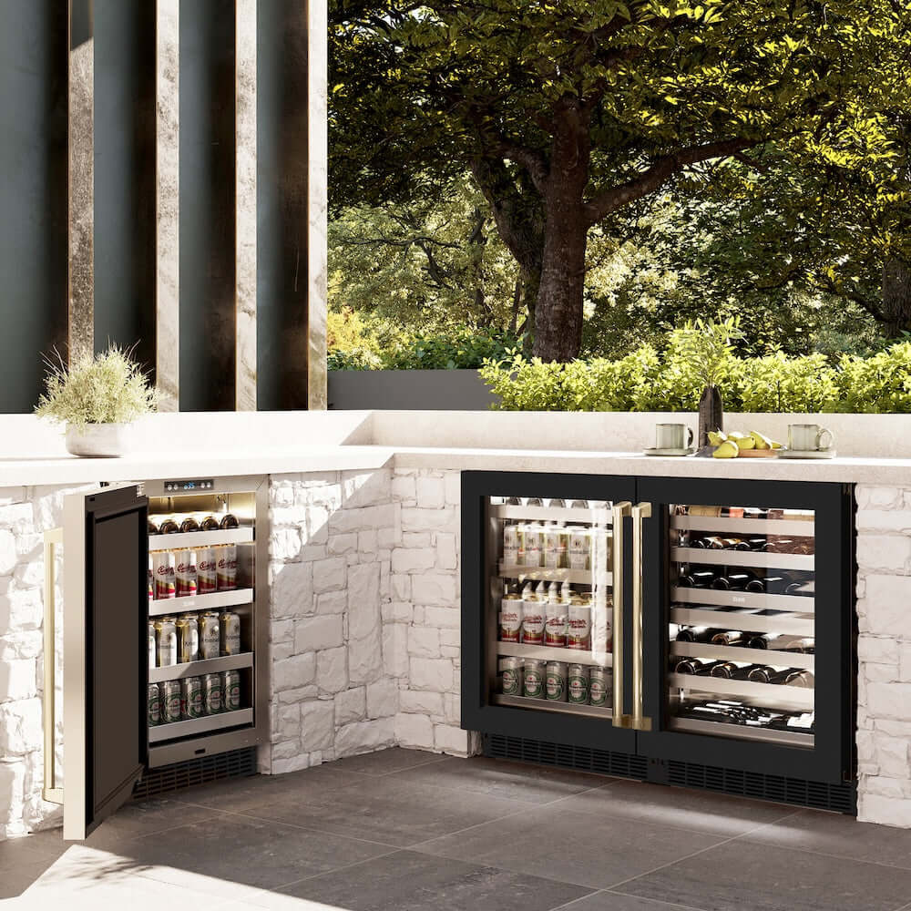 ZLINE 24" Touchstone Dual Zone 44 Bottle Wine Cooler Black Stainless Steel Glass Door Polished Gold Handle  RWDOZ-BS-24-G
