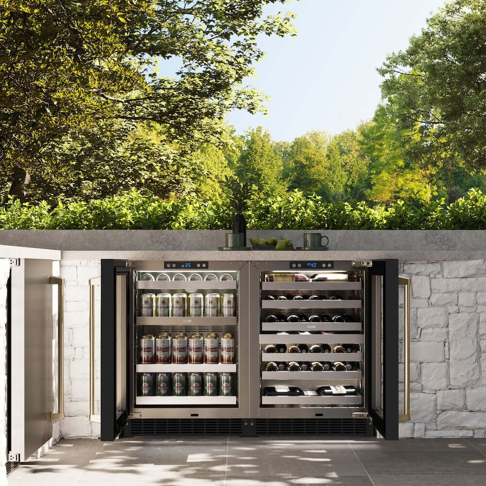 ZLINE 24" Touchstone Dual Zone 44 Bottle Wine Cooler Black Stainless Steel Glass Door Polished Gold Handle  RWDOZ-BS-24-G