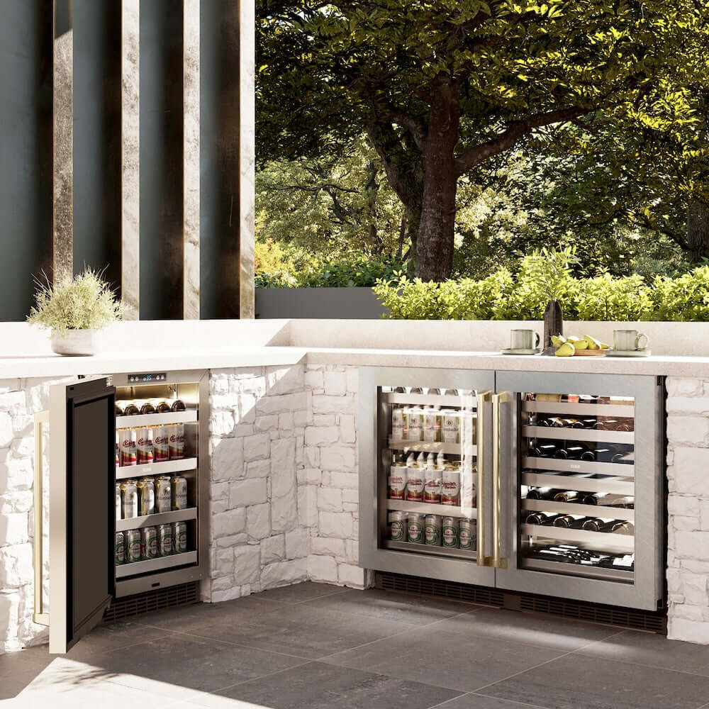 ZLINE 24" Touchstone Dual Zone 44 Bottle Wine Cooler DuraSnow® Stainless Steel Glass Door Champagne Bronze Handle RWDOZ-SN-24-CB
