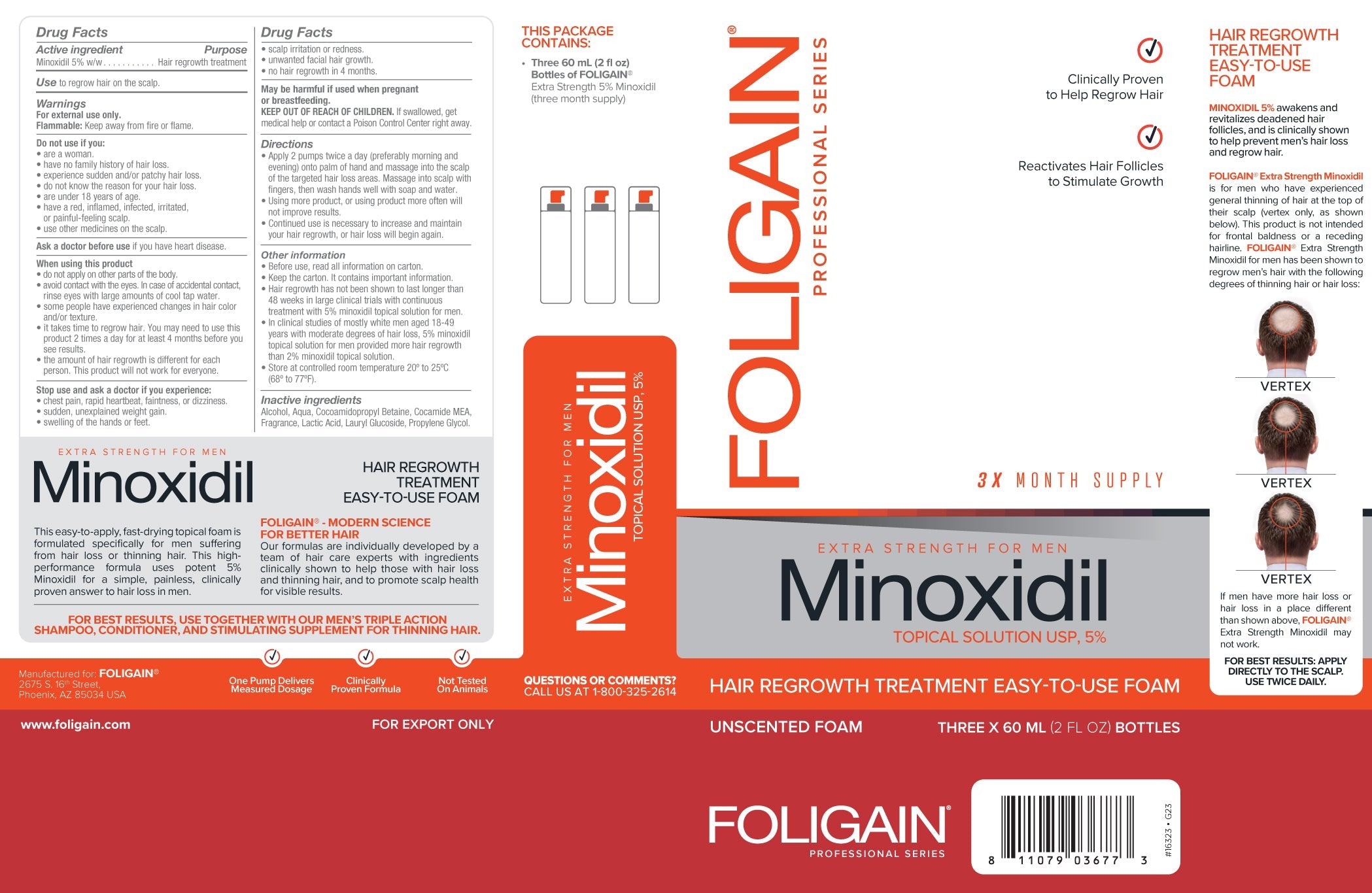 FOLIGAIN Minoxidil 5% Hair Regrowth Foam For Men 3 Month Supply