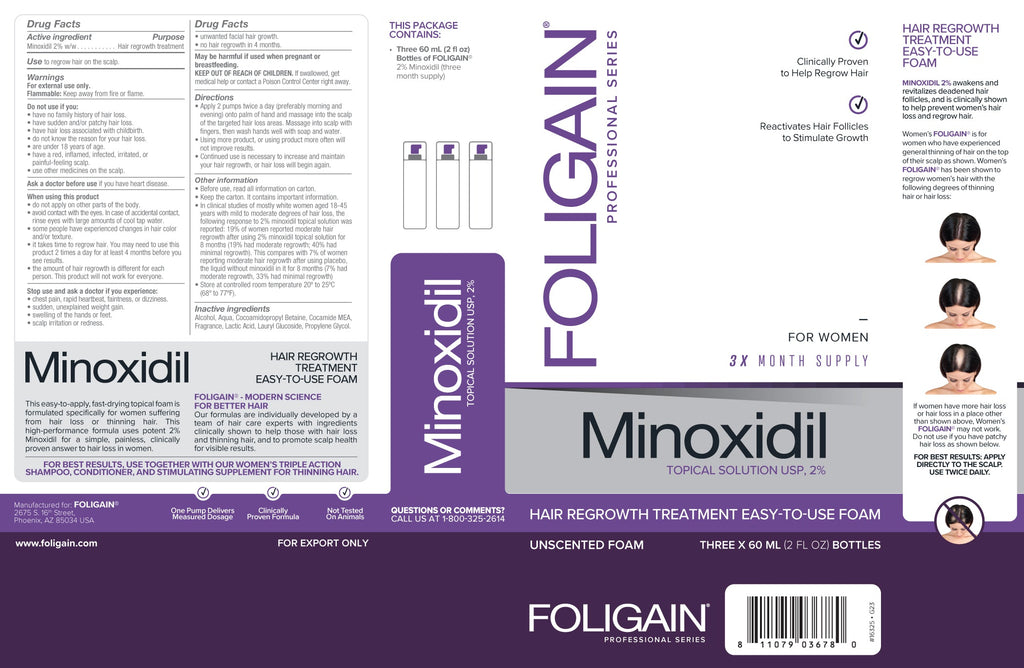 FOLIGAIN Minoxidil 2% Hair Regrowth Foam For Women 3 Month Supply