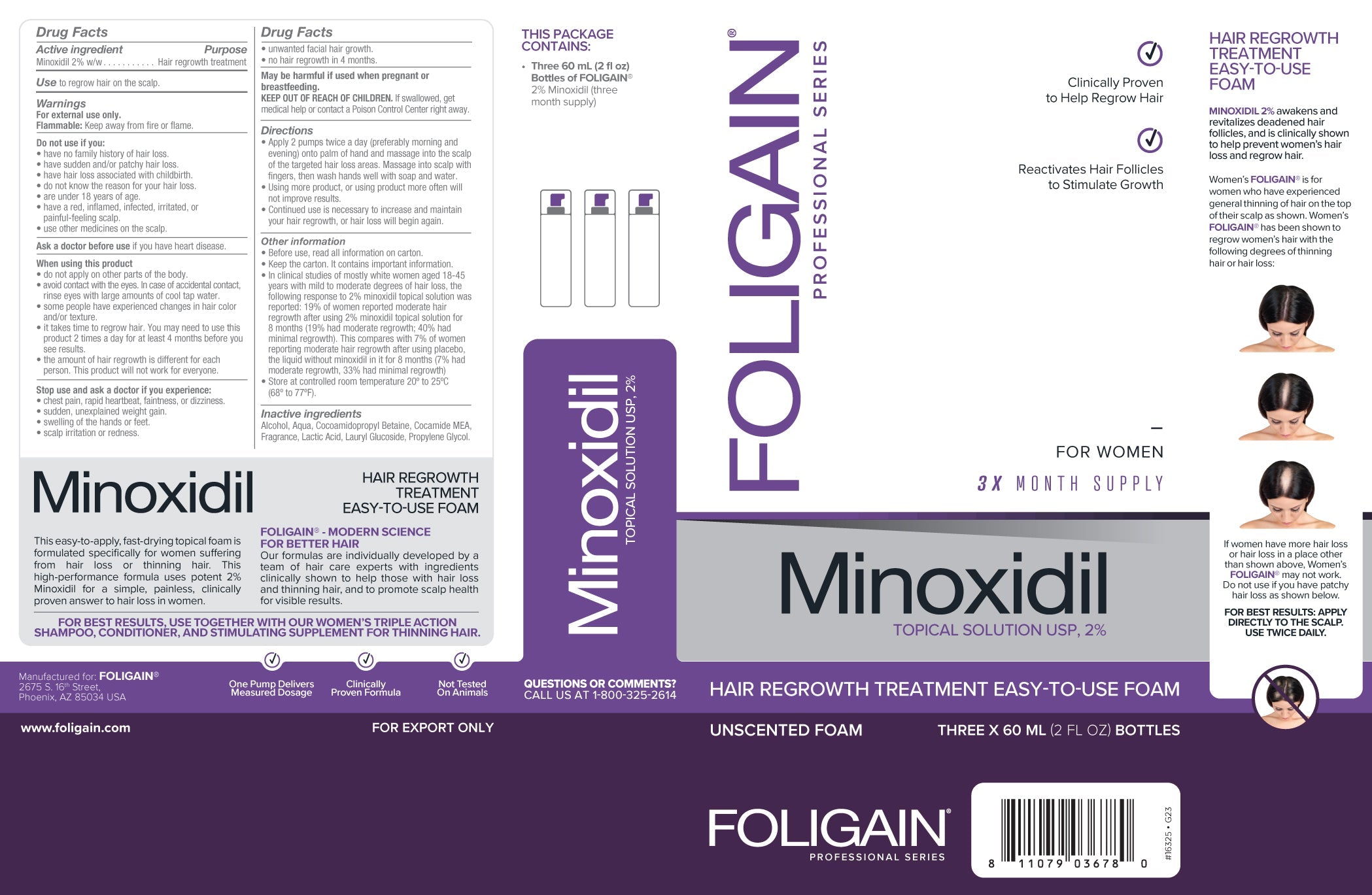 FOLIGAIN Minoxidil 2% Hair Regrowth Foam For Women 3 Month Supply