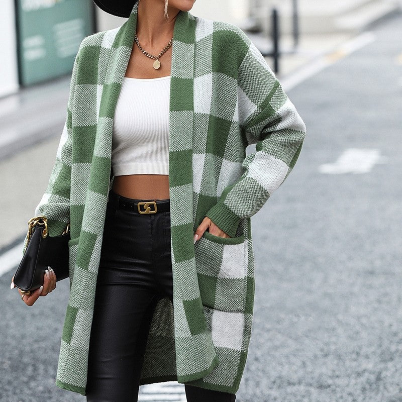 Contrast Color Long Sleeve Plaid Casual Loose Knitted Cardigan