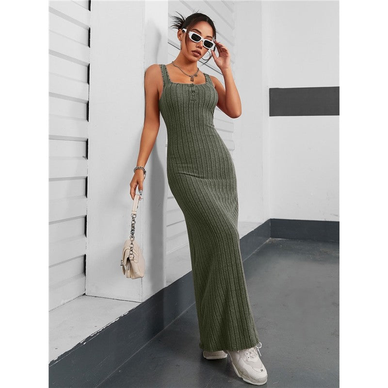 Solid Color Sleeveless Square Neck Knitted Maxi Dress