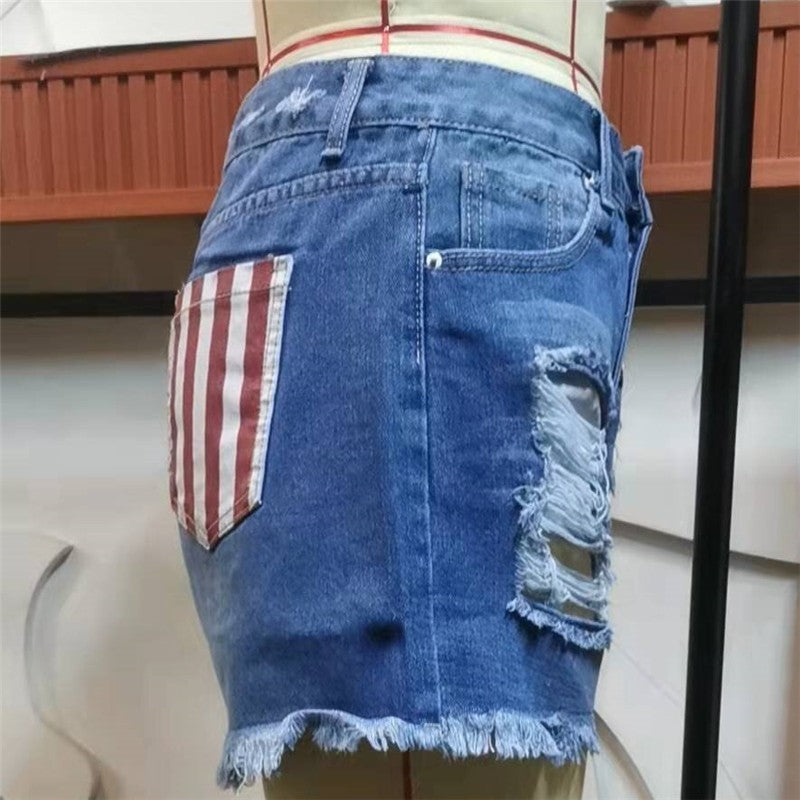 Slim-Fit Printed Distressed Denim Button-Up Shorts