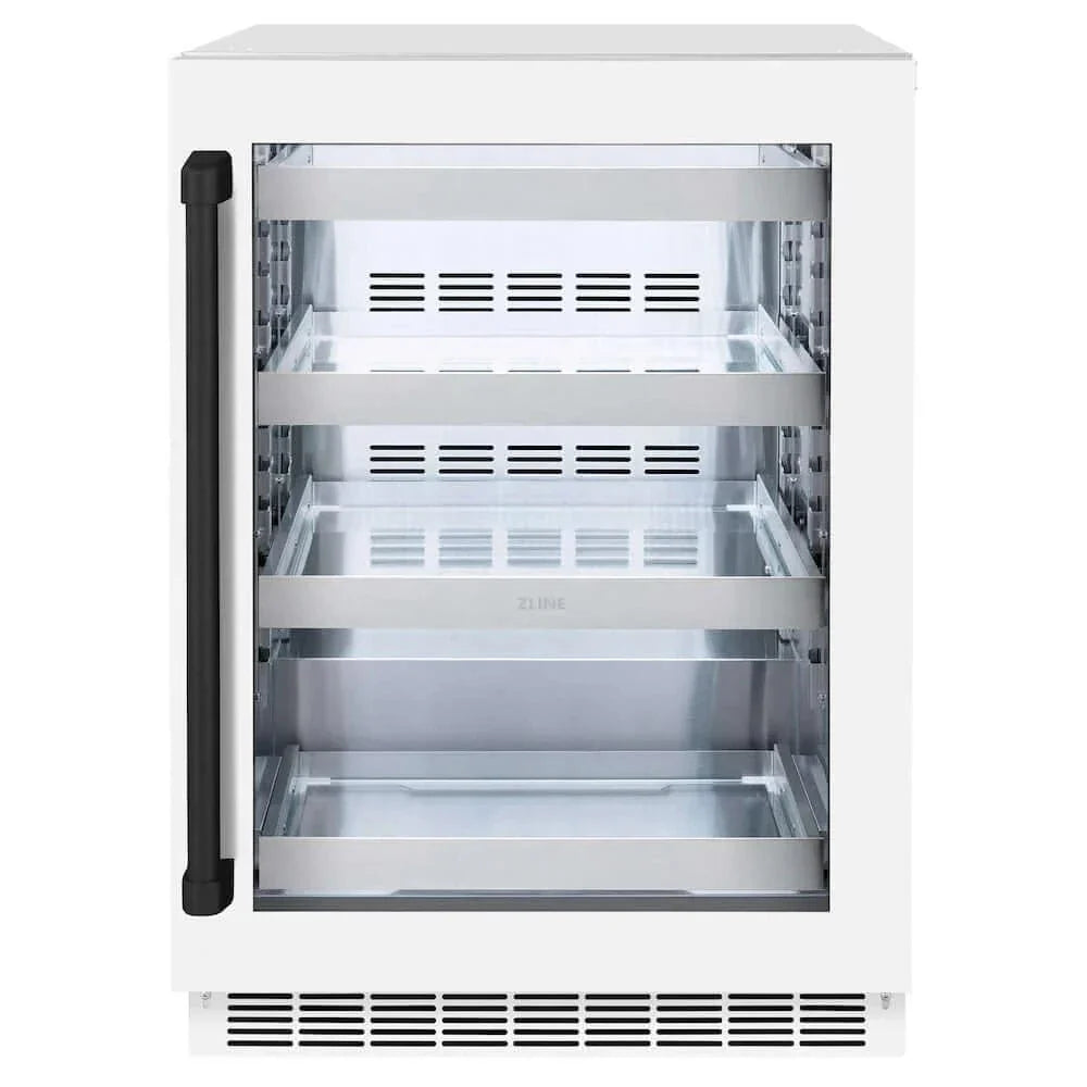 ZLINE 24" Touchstone 151 Can Beverage Fridge White Matte Glass Door Matte Black Handle RBSOZ-WM-24-MB