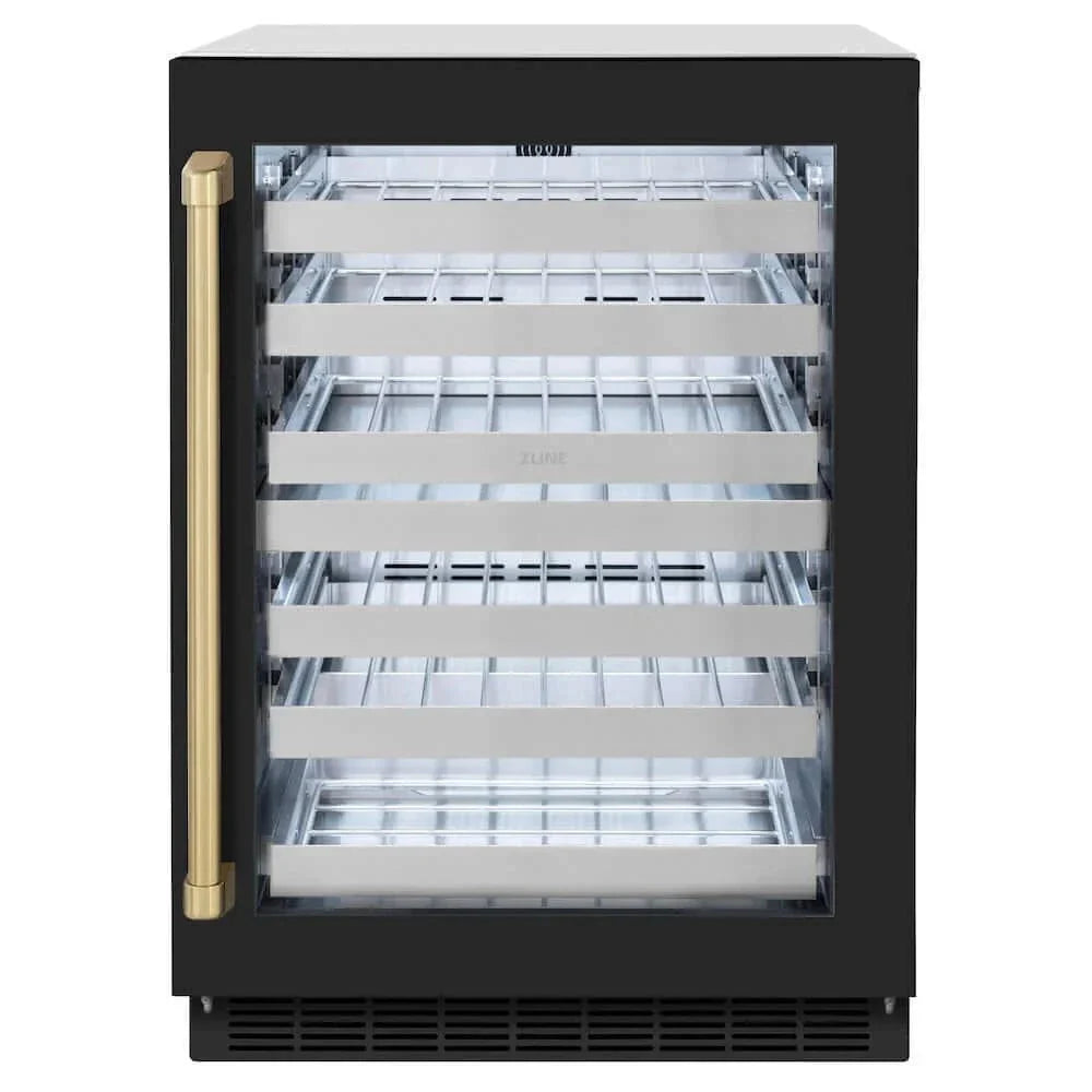 ZLINE 24" Touchstone Dual Zone 44 Bottle Wine Cooler Black Matte Glass Door Champagne Bronze Handle RWDOZ-BLM-24-CB