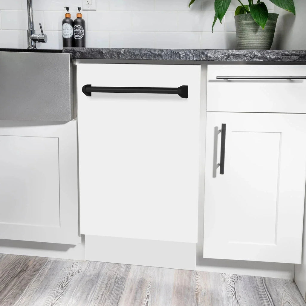 ZLINE Autograph 18" Dishwasher White Door, Black Handle DWVZ-WM-18-MB