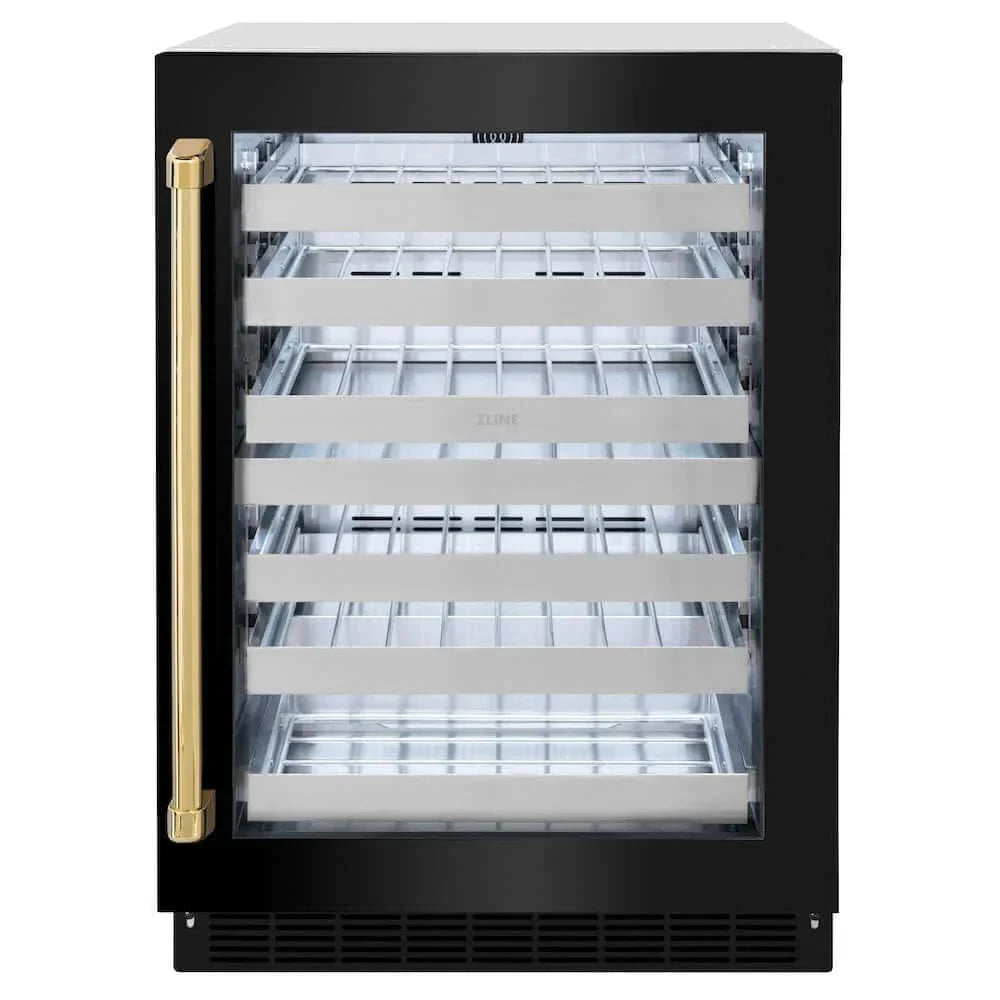 ZLINE 24" Touchstone Dual Zone 44 Bottle Wine Cooler Black Stainless Steel Glass Door Polished Gold Handle  RWDOZ-BS-24-G