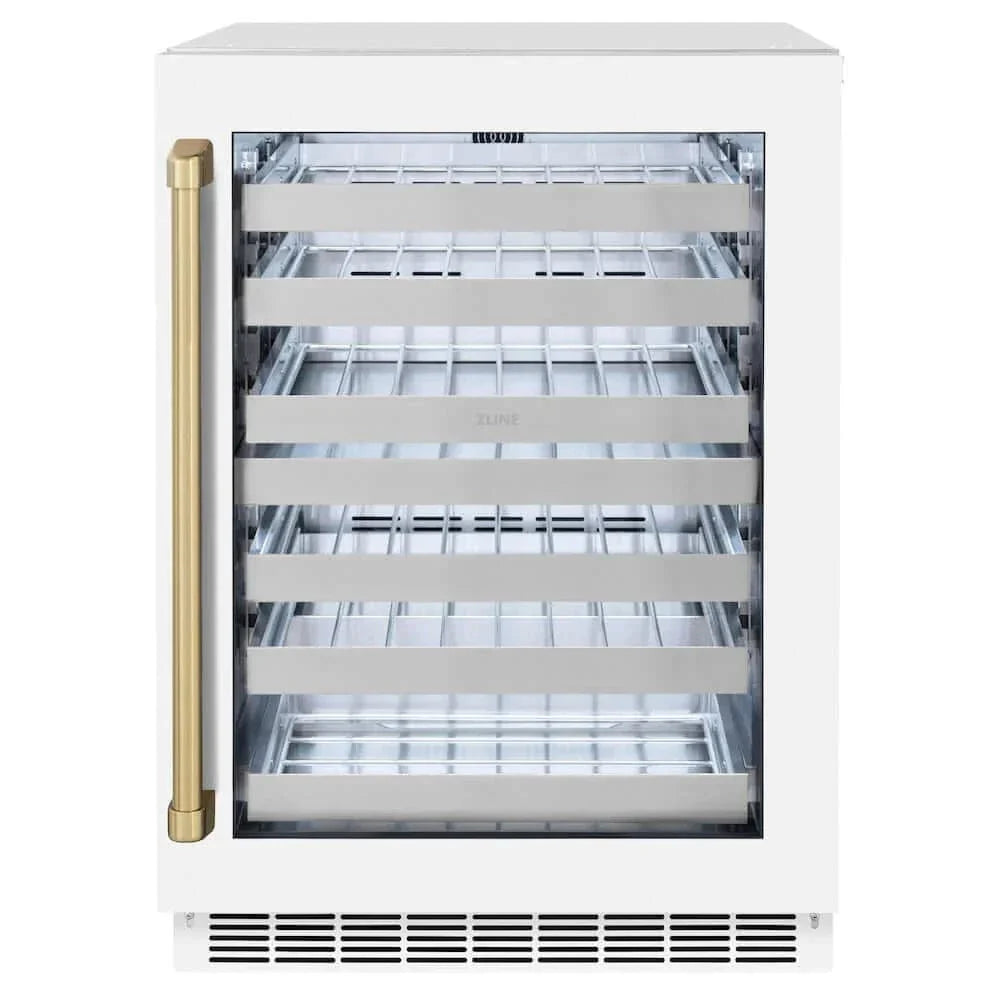 ZLINE 24" Touchstone Dual Zone 44 Bottle Wine Cooler White Matte Glass Door Champagne Bronze Handle RWDOZ-WM-24-CB