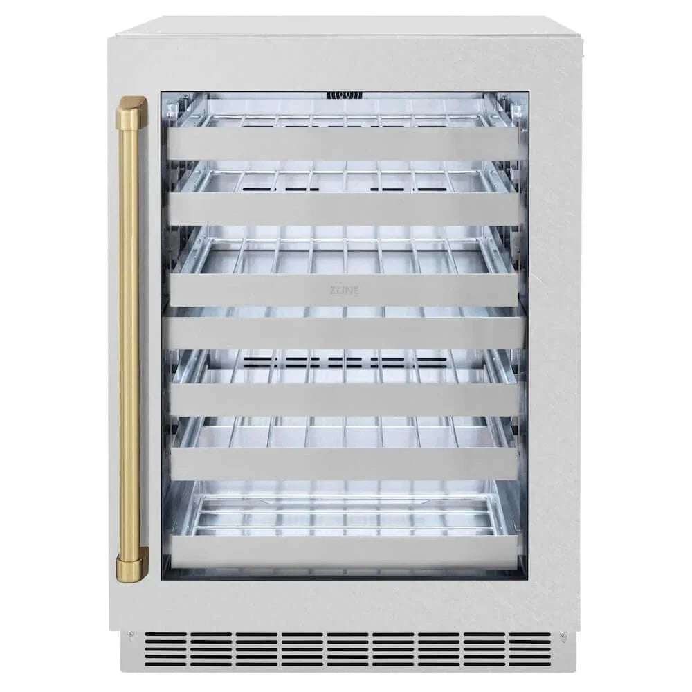 ZLINE 24" Touchstone Dual Zone 44 Bottle Wine Cooler DuraSnow® Stainless Steel Glass Door Champagne Bronze Handle RWDOZ-SN-24-CB
