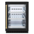 ZLINE 24" Touchstone 151 Can Beverage Fridge Black Matte Glass Door Gold RBSOZ-BLM-24-G