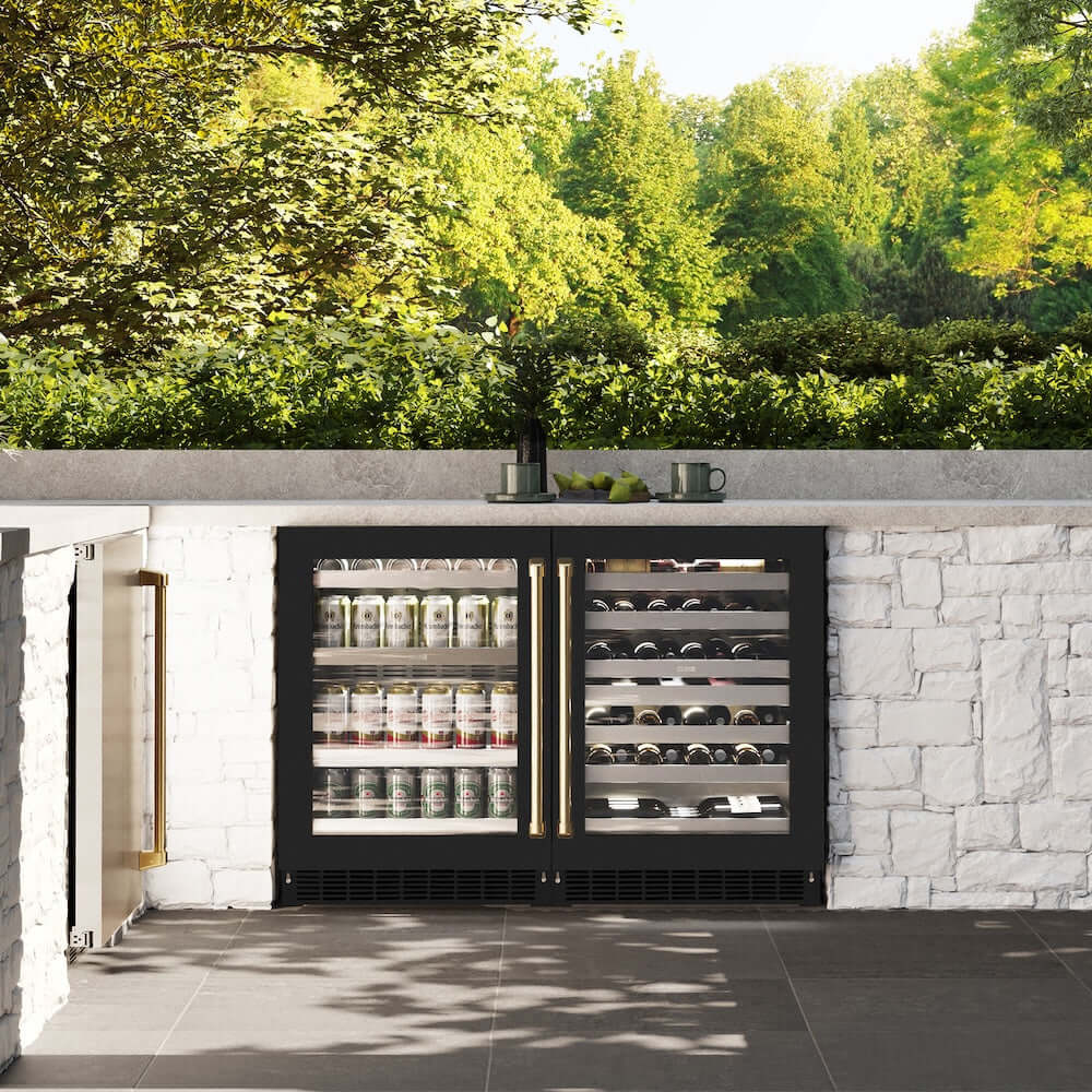 ZLINE 24" Touchstone 151 Can Beverage Fridge Black Matte Glass Door Gold RBSOZ-BLM-24-G