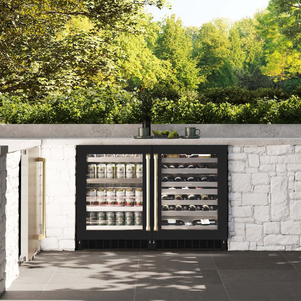 ZLINE 24" Touchstone Dual Zone 44 Bottle Wine Cooler Black Matte Glass Door Champagne Bronze Handle RWDOZ-BLM-24-CB