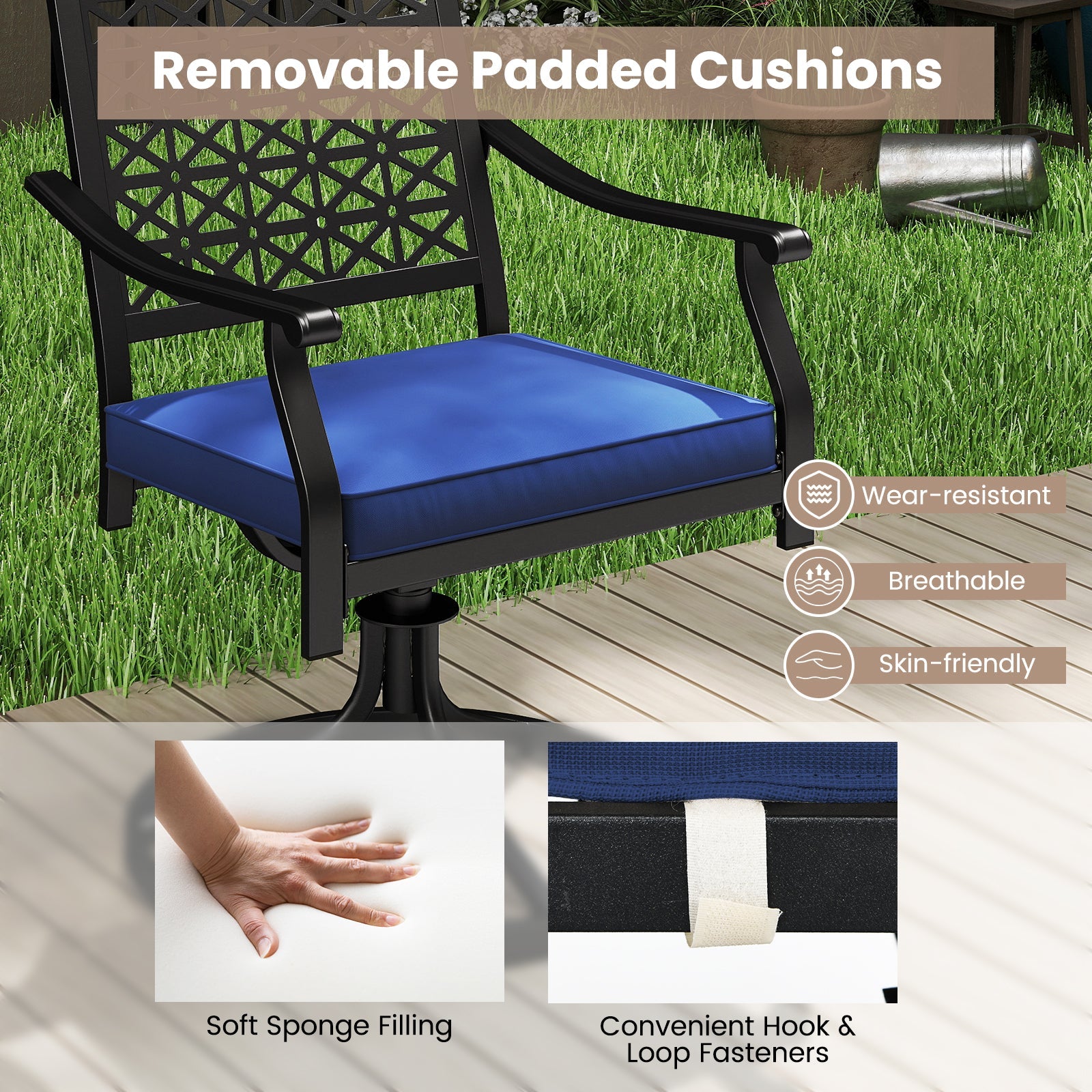 2 Pack Swivel Outdoor Chairs with Soft Cushions and Round Steel Base-Navy