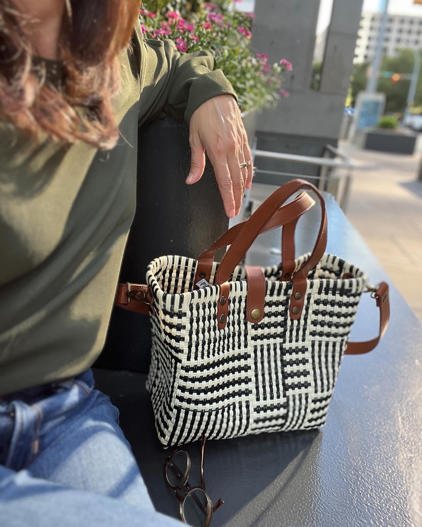 Vida Purse – Maroon, Gold & Beige Handwoven Purse with Leather Handles