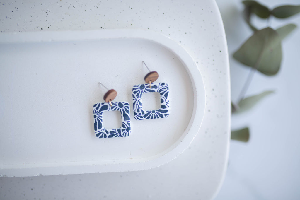 Clay Earrings | Floral Square Dangles | Indigo Daydream Collection