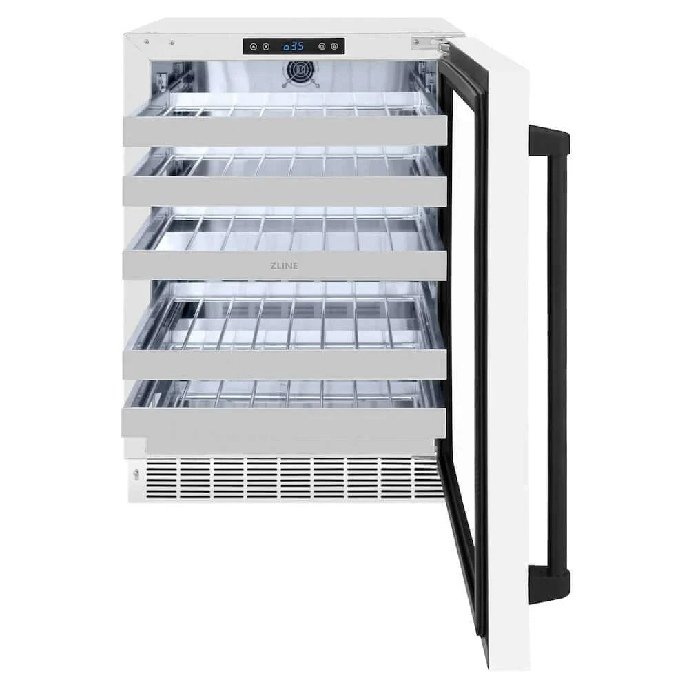 ZLINE 24" Touchstone Dual Zone 44 Bottle Wine Cooler White Matte Glass Door Matte Black Handle RWDOZ-WM-24-MB