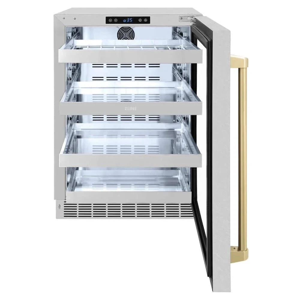 ZLINE 24" Touchstone 151 Can Beverage Fridge DuraSnow® Stainless Steel Glass Door And Champagne Bronze Handle RBSOZ-SN-24-CB