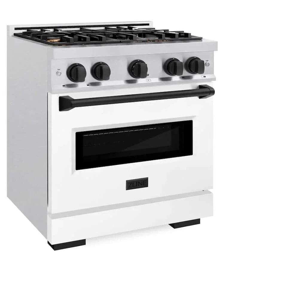 ZLINE 30"Classic Gas Range, Convection Gas Oven, DuraSnow® Stainless Steel, White Matte Door Matte Black CGRSZ-WM-30-MB