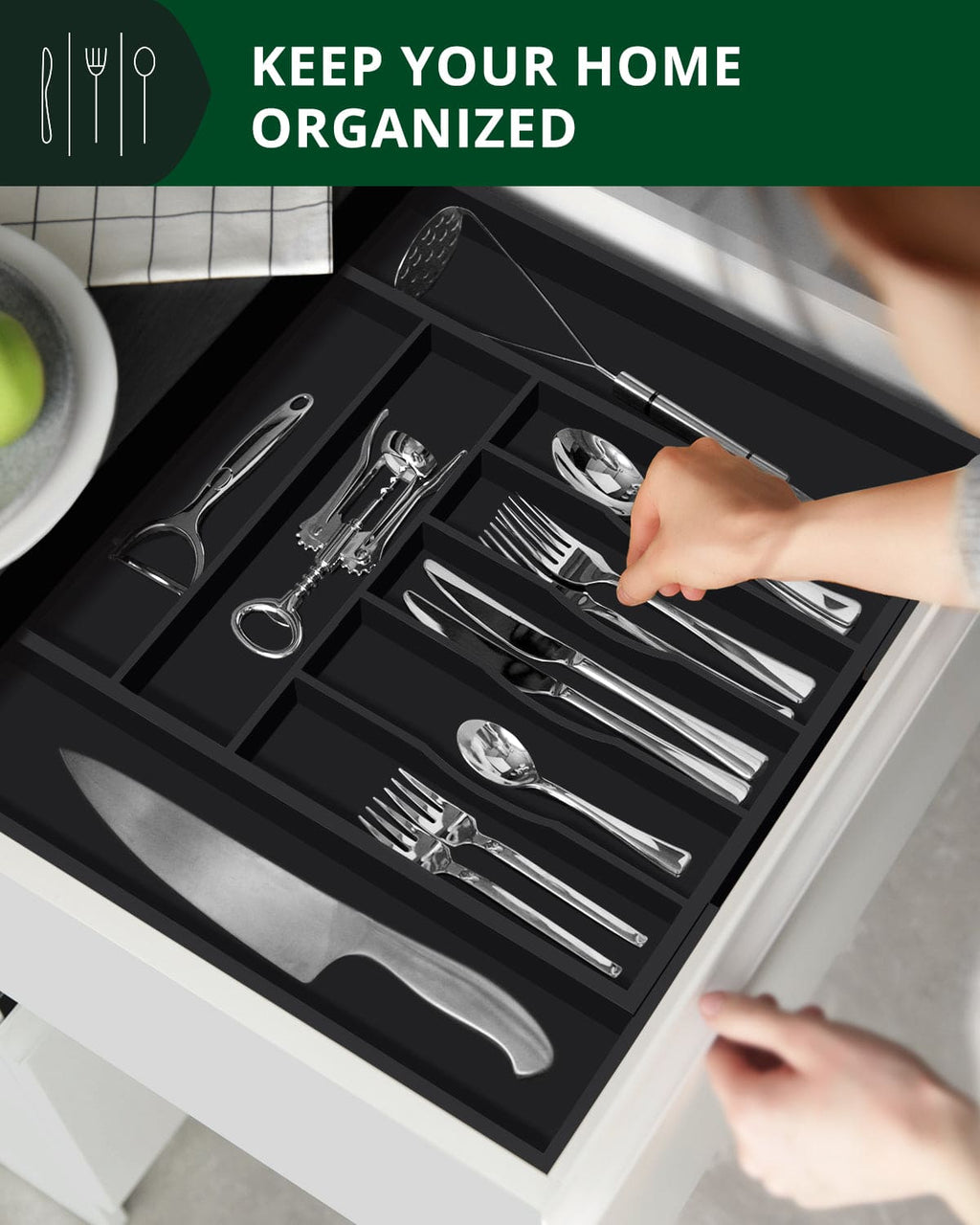 Silverware Drawer Organizer, Black (9 Slots)