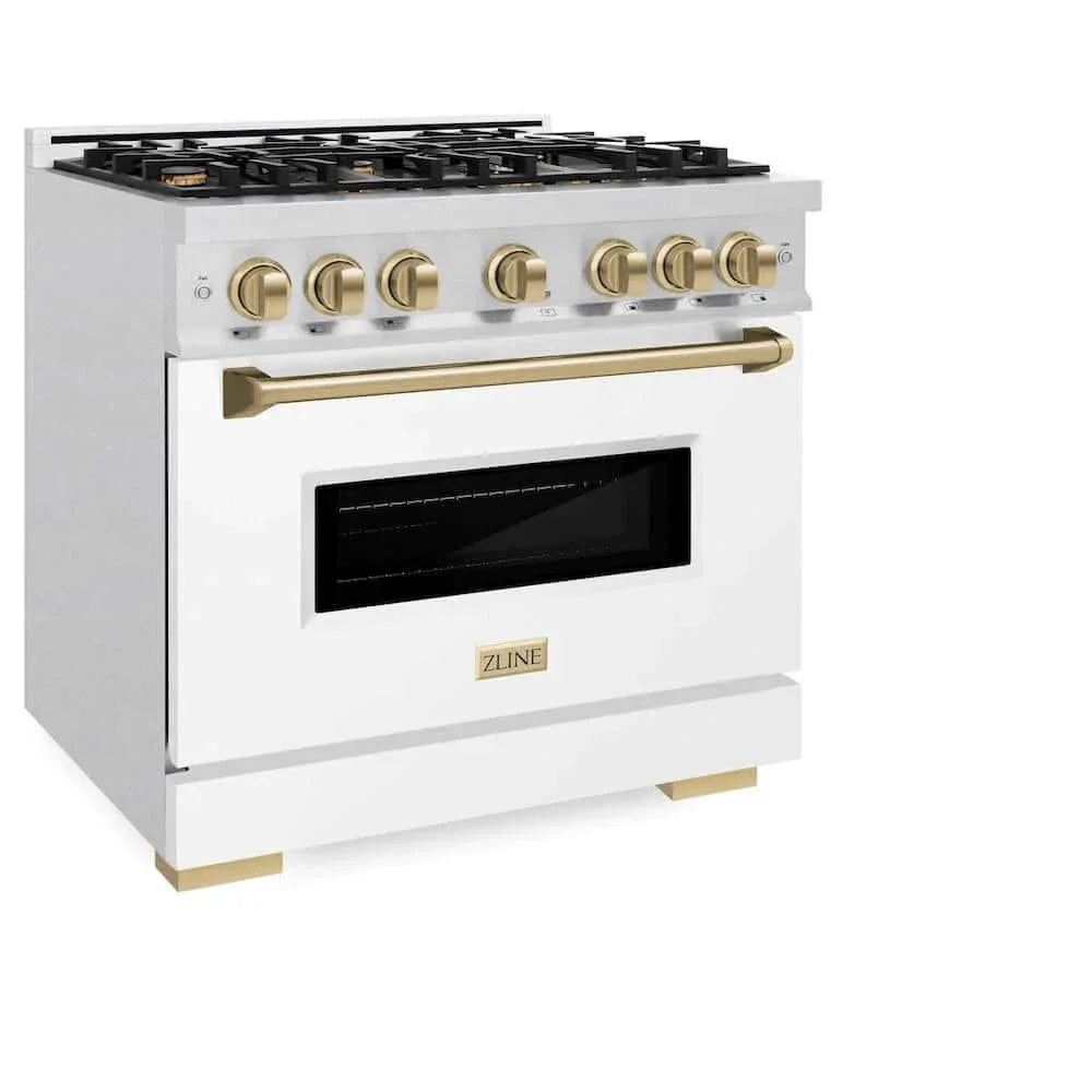 ZLINE 36"Classic Gas Range, Convection Gas Oven, DuraSnow® Stainless Steel, White Matte Door Champagne Bronze CGRSZ-WM-36-CB