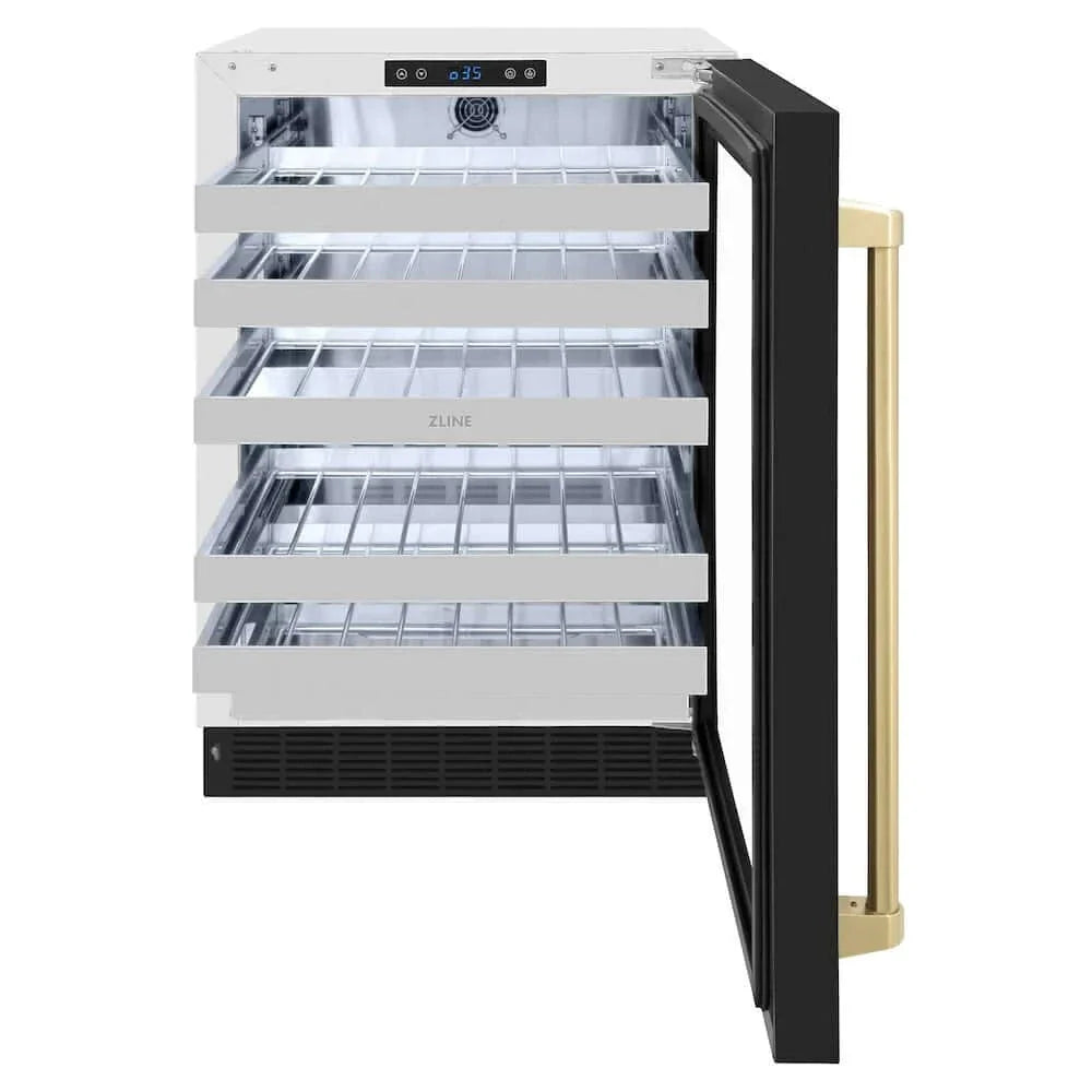 ZLINE 24" Touchstone Dual Zone 44 Bottle Wine Cooler Black Matte Glass Door Champagne Bronze Handle RWDOZ-BLM-24-CB
