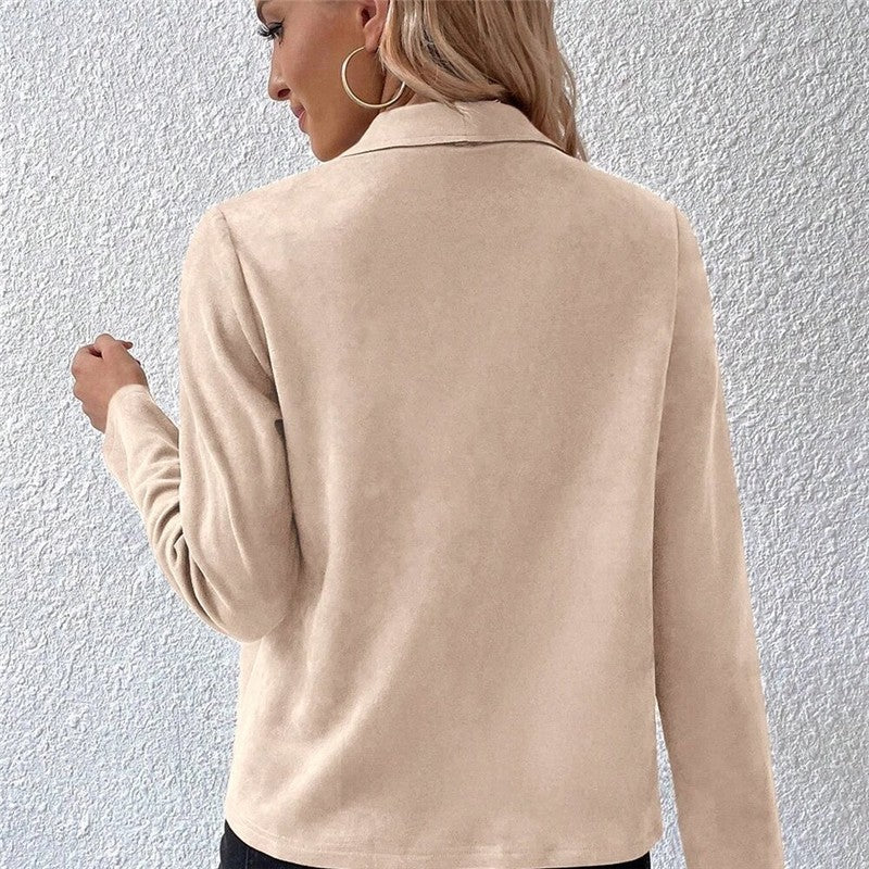 Faux Fur Collar Zip-Up Short Jacket with Long Sleeves