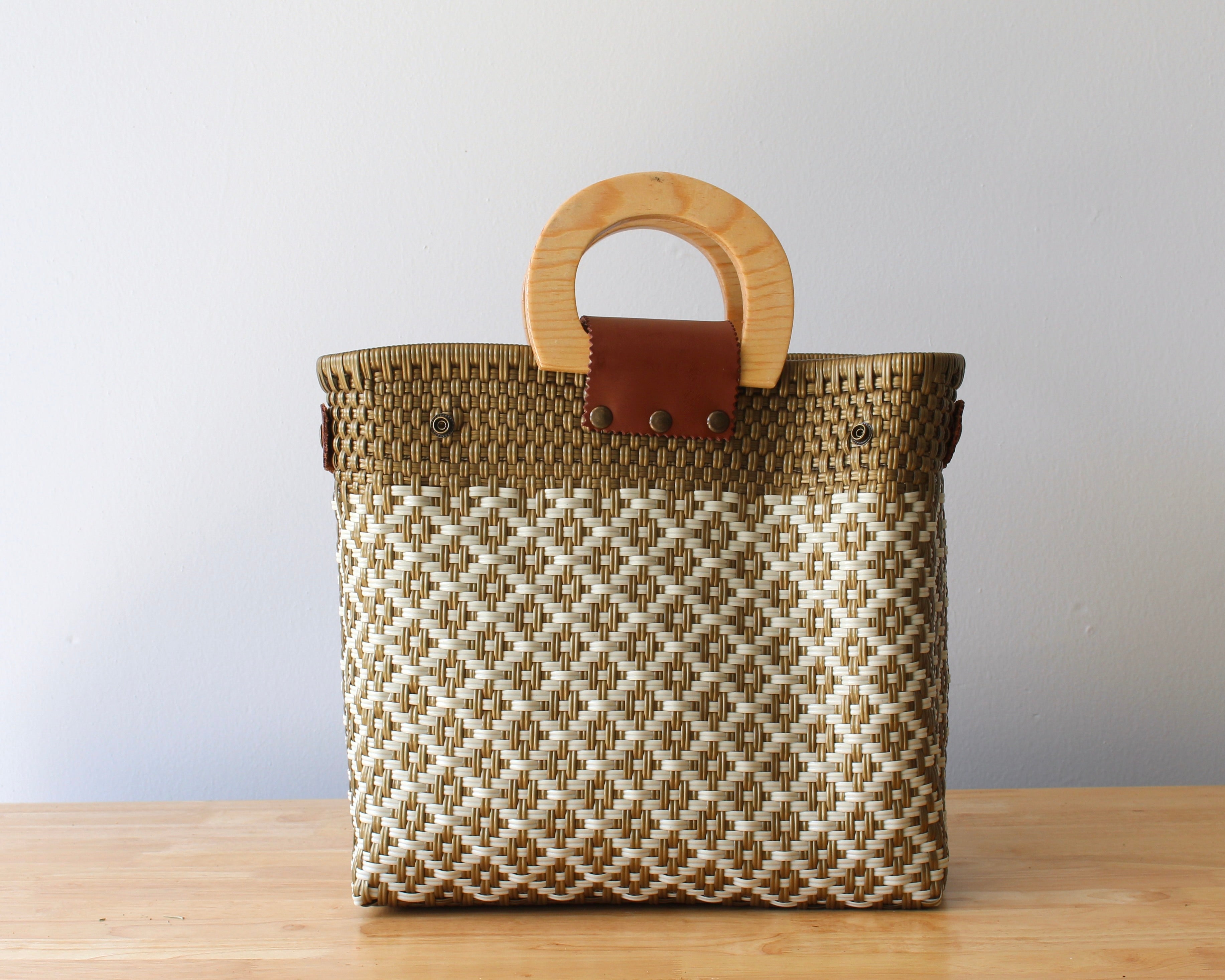 Beige & Gold Handwoven Tote with Wood Handle