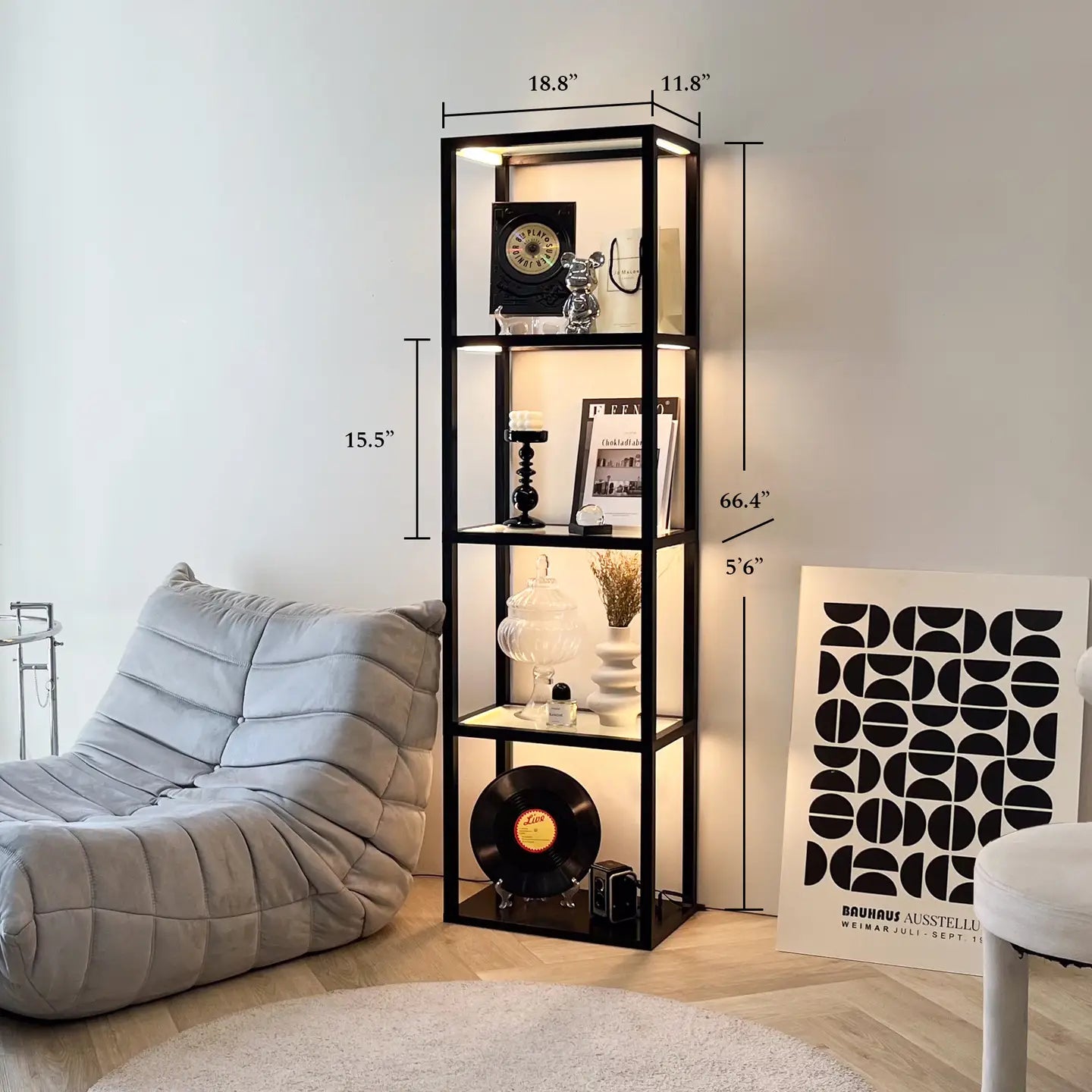 Luxury Glass Display Shelf with Dimmable Led Floor Lamp - 66”