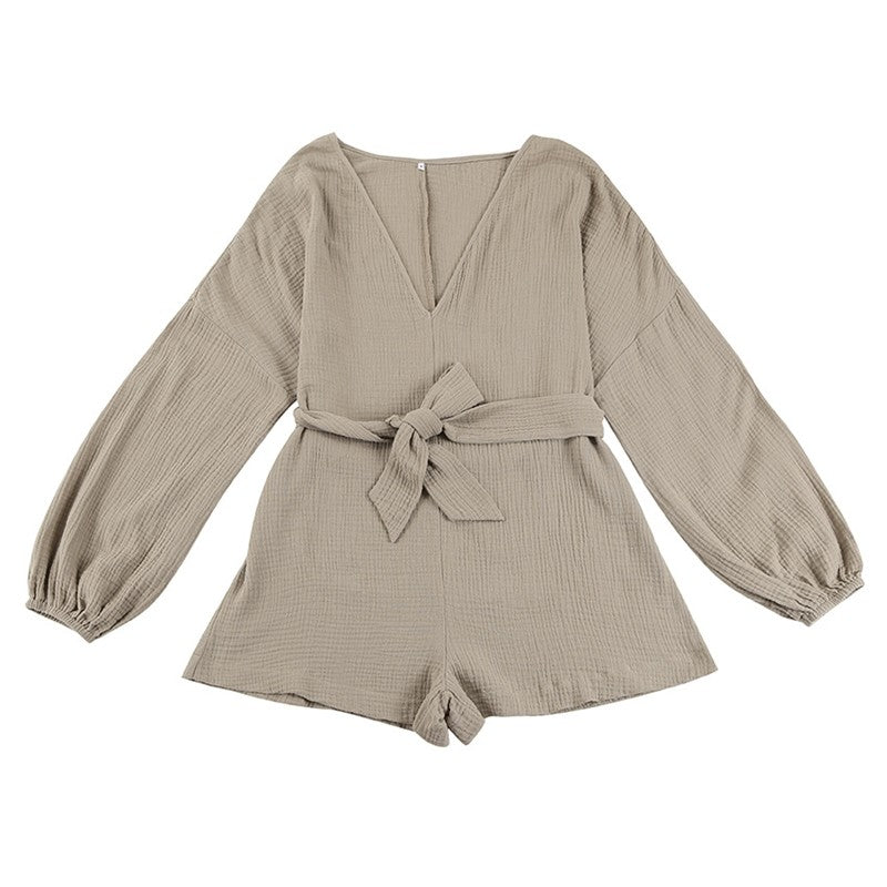 Deep V-Neck Long Sleeve Romper with Shorts in White