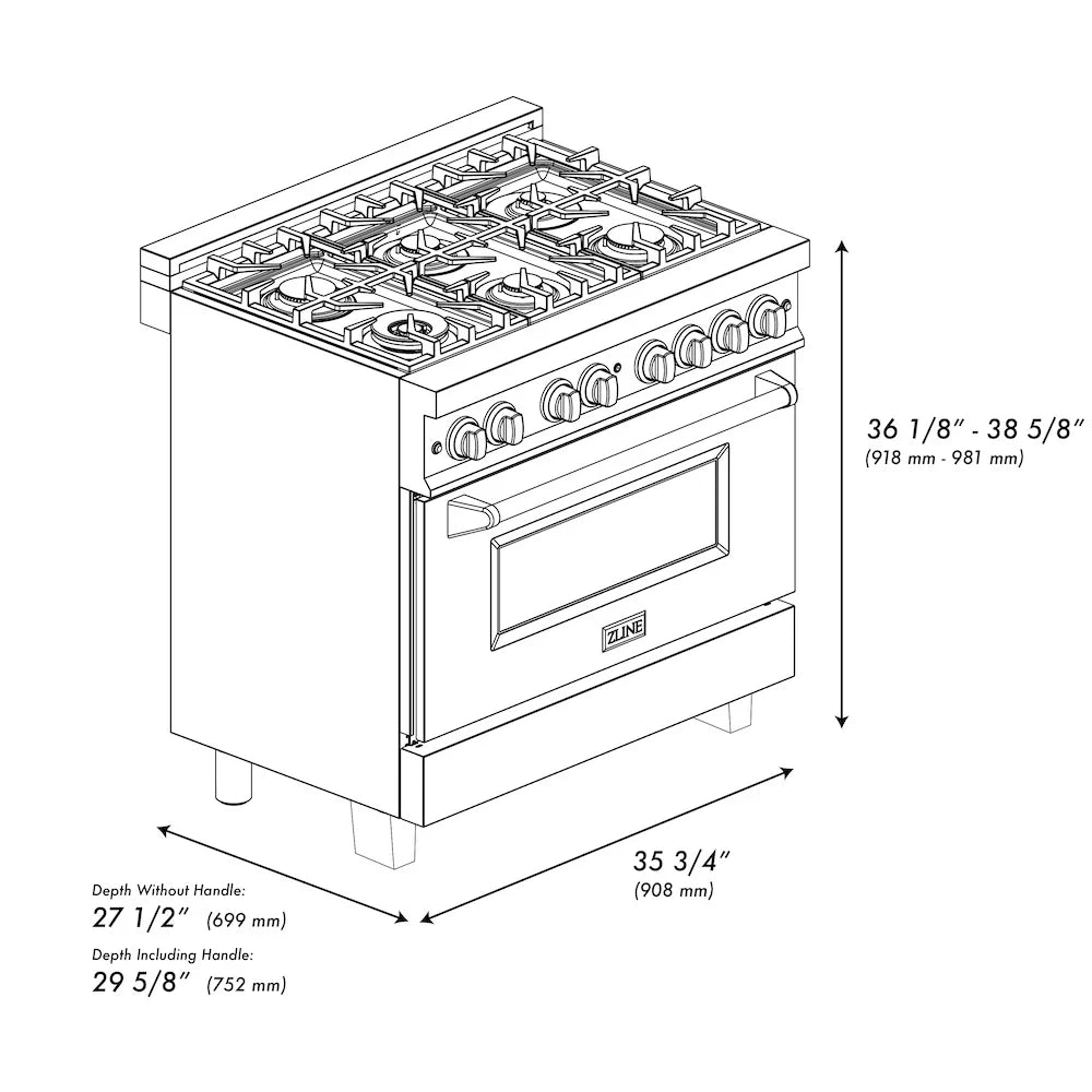 ZLINE 36" Bundle Range RAS-RM-36 & Range Hood 8654RM-36, 2KP-RASRMRH36