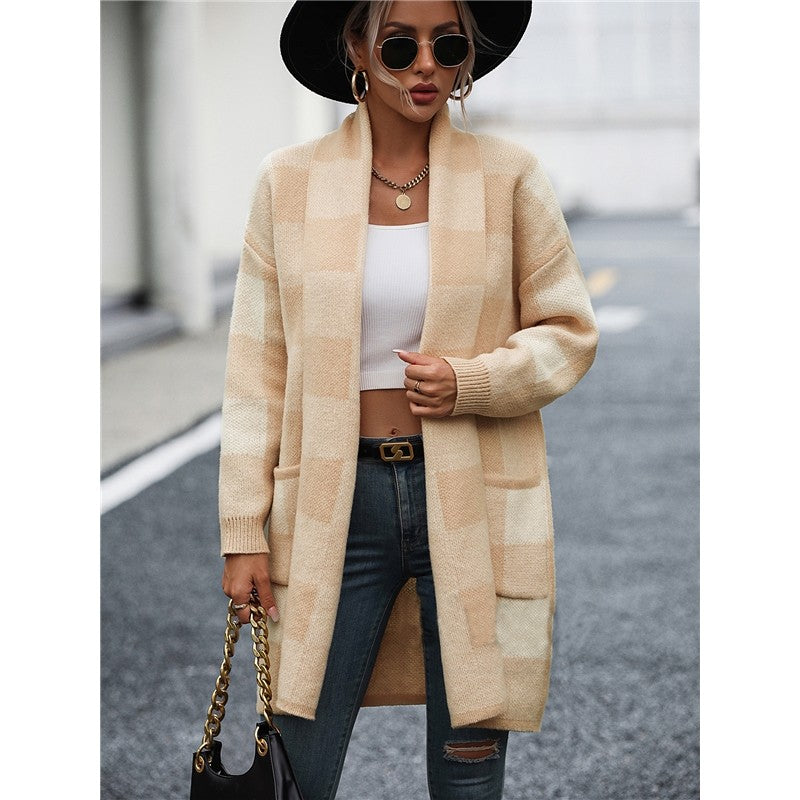 Contrast Color Long Sleeve Plaid Casual Loose Knitted Cardigan