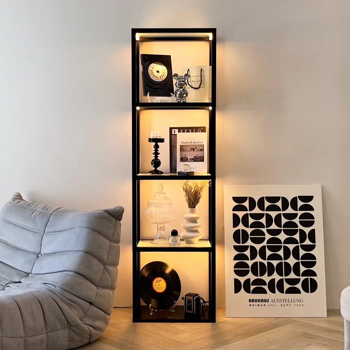 Luxury Glass Display Shelf with Dimmable Led Floor Lamp - 66”