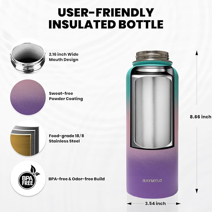 Insulated Water Bottle 32 oz, Triple Wall Vacuum Stainless Steel (Cold for 48 Hrs), Leak Proof & Non-BPA, Modern Water Flask Jug with Paracord Handle & Straw Spout Lids, Hydrangea