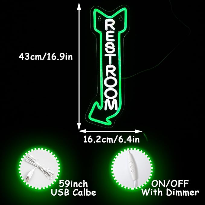 Restroom Neon Sign for Wall Decor Toilet Neon Light Arrow Led Neon Lights White Green Led Neon Signs for Hotel Bar Hospital Mall Store Office Decoration(16.9”*6.3”)
