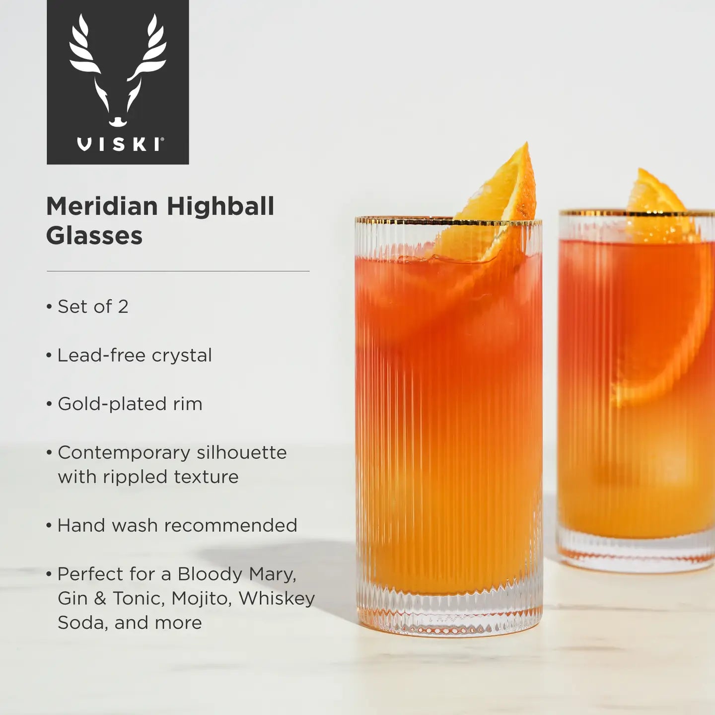 Deco Meridian Gold Rimmed Crystal Highball Glasses - Set of 2