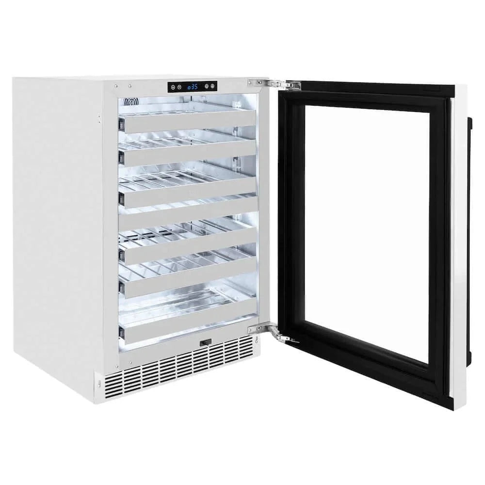 ZLINE 24" Touchstone Dual Zone 44 Bottle Wine Cooler White Matte Glass Door Matte Black Handle RWDOZ-WM-24-MB