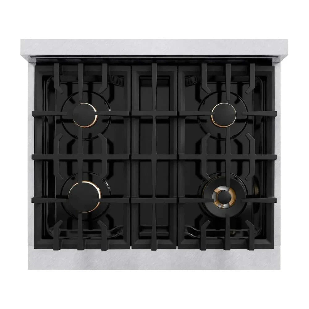 ZLINE 30"Classic Gas Range, Convection Gas Oven, DuraSnow® Stainless Steel, White Matte Door Champagne Bronze CGRSZ-WM-30-CB