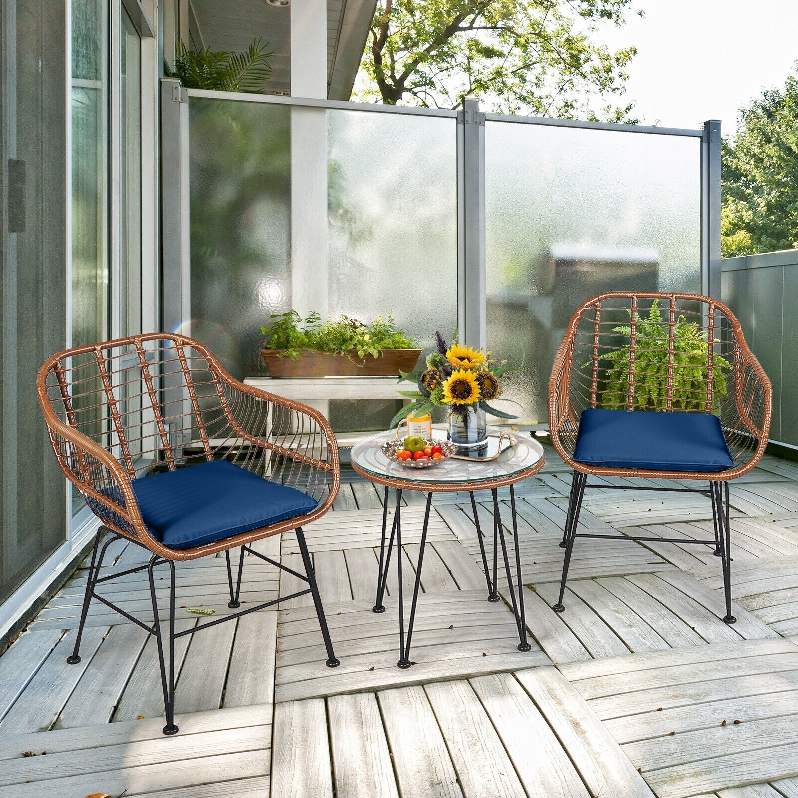 3 Pieces Patio Rattan Bistro Set with Cushion-Navy