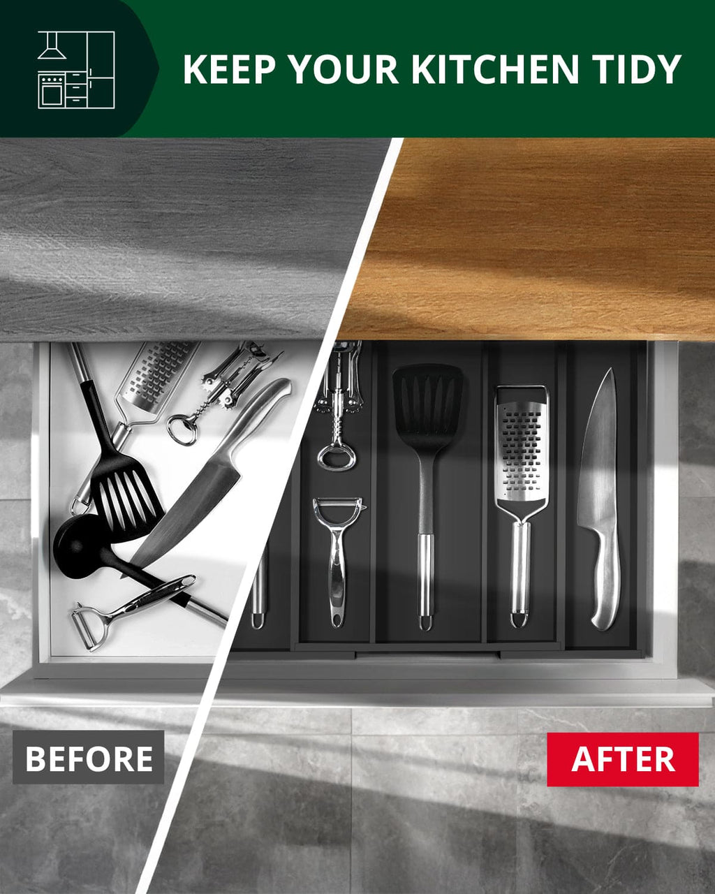 Utensil Drawer Organizer, Black (5 Slots)