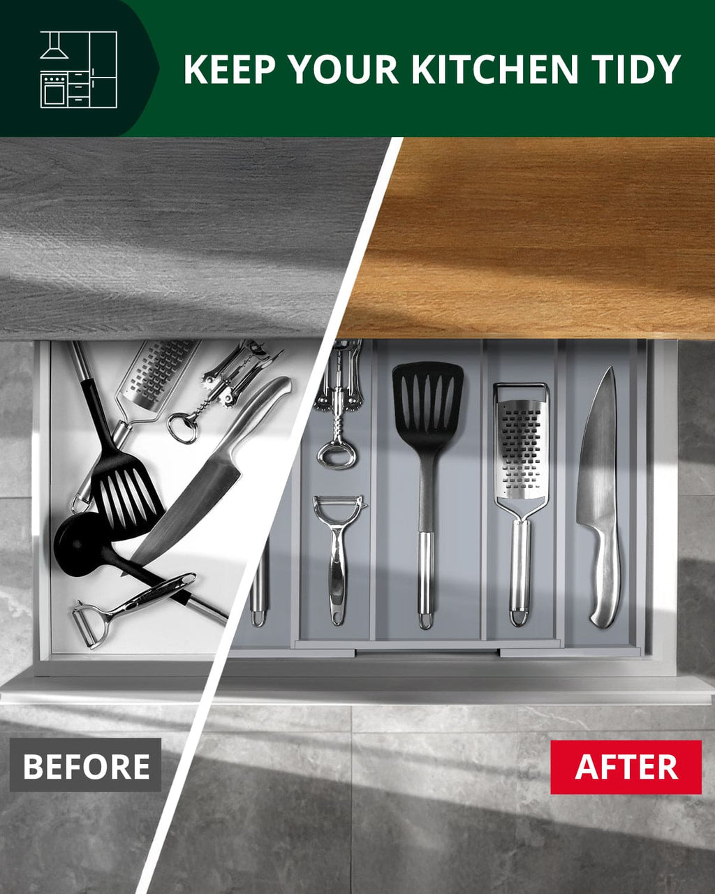 Utensil Drawer Organizer, Gray (5 Slots)